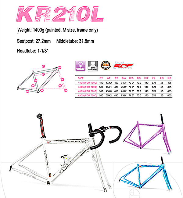 กรอบจักรยานอัลลูมิเนียม Superlight Lady Aero Road Bike Frame+Fork Set KR210L ผู้หญิง 1.4kg 4